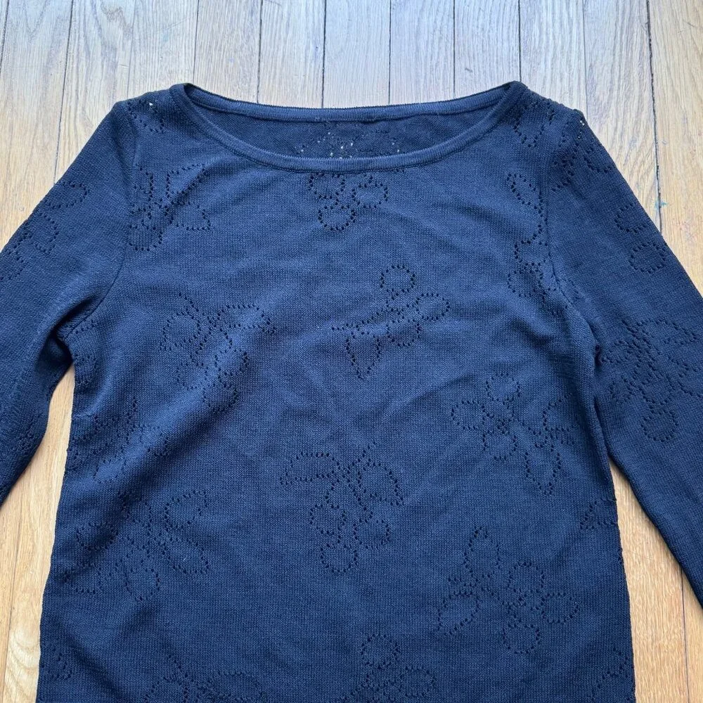 VTG St. John Size S Black Wool Knit 3/4 Sleeve Boat Neck Top w/ Red Beaded Tie